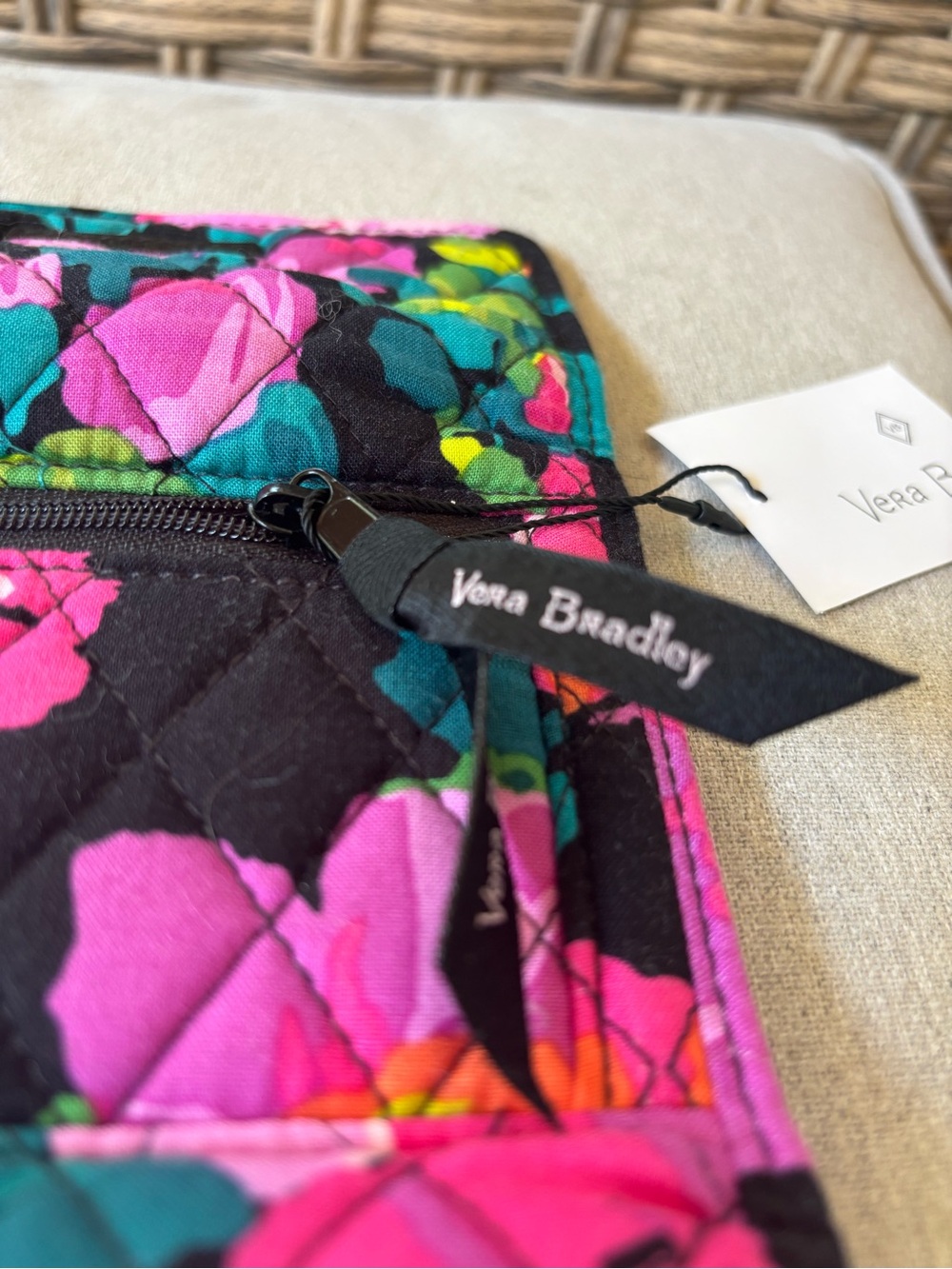Vera Bradley Quilted Floral Trifold Wallet - Black, Hot Pink & Teal - Picture 8 of 11